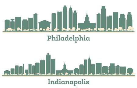 Abstract Indianapolis Indiana and Philadelphia USA City Skyline set with Color Buildings. Illustration. Business Travel and Tourism Concept with Modern Architecture.の写真素材