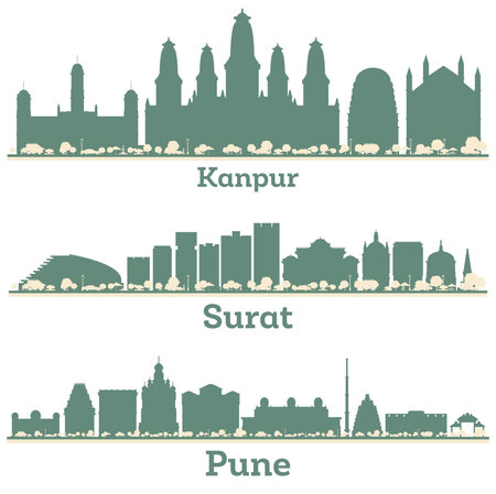 Abstract Surat, Pune and Kanpur India City Skyline set with Color Buildings. Illustration. Business Travel and Tourism Concept with Modern Architecture.の写真素材
