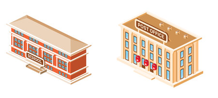 Isometric Post Office and School Building Isolated on White Background. Illustration.の写真素材