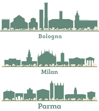 Abstract Parma, Milan and Bologna Italy City Skyline set with Color Landmarks. Business Travel and Tourism Concept with Historic Buildings.の写真素材