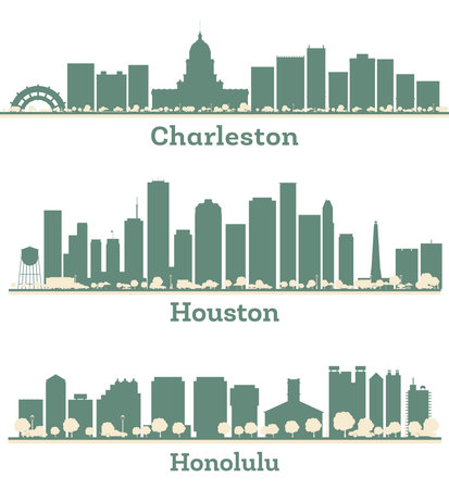 Abstract Houston Texas, Honolulu Hawaii and Charleston USA City Skyline set with Color Buildings. Illustration. Business Travel and Tourism Concept with Modern Architecture.の写真素材