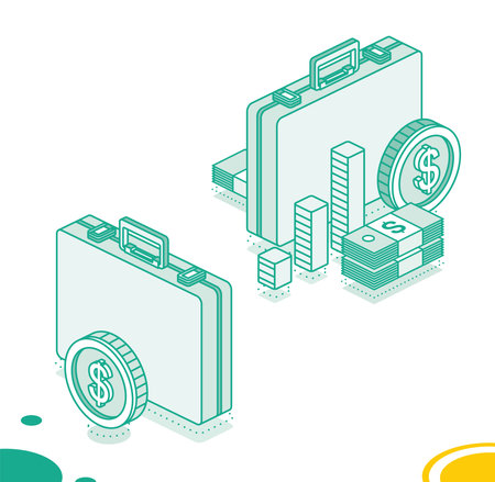 Business briefcase with columns, dollar coin and stack of dollars. Isometric outline concept. Vector illustration. 3d objects.のイラスト素材