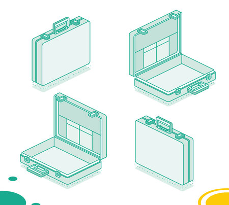 Open and closed briefcase with handle on white background. Isolated isometric object. Vector illustration.のイラスト素材