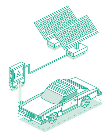 Electric car charging on renewable energy. Electricity scheme with transformer and solar panels. Vector illustration. Isometric outline concept. Vehicle on renewable solar panel energy.のイラスト素材
