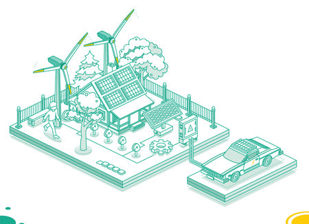 Isometric Smart House with Electric Car, Solar Panels, Wind Turbine and Electric Transformer. Generation of Green Energy. Sustainable Renewable Lifestyle. Green Energy Industry. Vector Illustration.のイラスト素材