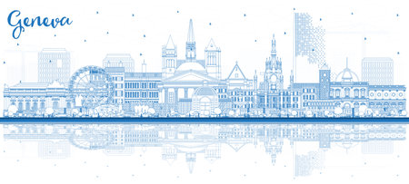 Outline Geneva Switzerland City Skyline with Blue Buildings and reflections. Vector Illustration. Geneva Cityscape with Landmarks. Business Travel and Tourism Concept with Historic Architecture.のイラスト素材