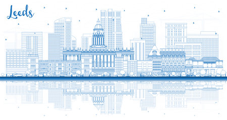 Outline Leeds UK City Skyline with Blue Buildings and reflections. Vector Illustration. Leeds Yorkshire Cityscape with Landmarks. Business Travel and Tourism Concept with Historic Architecture.のイラスト素材