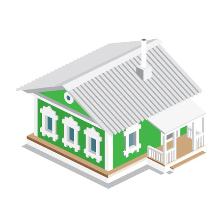 Isometric old Russian rural house. Green building isolated on white background. Traditional authentic architectural style. Vector illustration.のイラスト素材