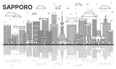 Outline Sapporo Japan city skyline with modern, historic buildings and reflections isolated on white. Vector illustration. Sapporo cityscape with landmarks.のイラスト素材