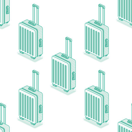 Seamless pattern with suitcases on wheels isolated on white background. Isometric outline objects. Vector illustration. Luggage. Travel symbol.のイラスト素材
