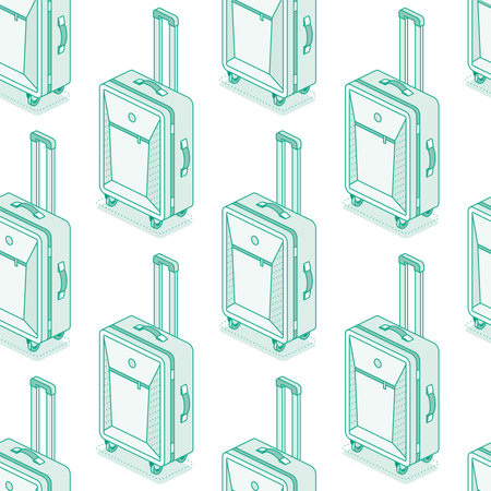 Seamless pattern with suitcases on wheels isolated on white background. Isometric outline objects. Vector illustration. Luggage. Travel symbol.のイラスト素材