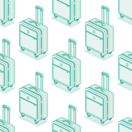 Seamless pattern with suitcases on wheels isolated on white background. Isometric outline objects. Vector illustration. Luggage. Travel symbol.のイラスト素材
