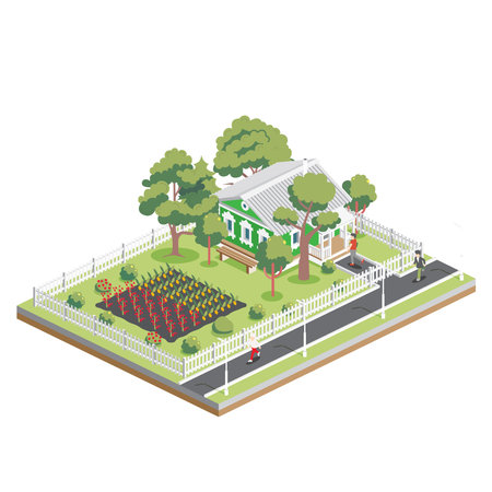 Isometric old house with trees and vegetable garden beds in suburb. Infographic element. Vector illustration. Farm isolated on white background. Ecological natural organic agriculture. Growing plants.のイラスト素材