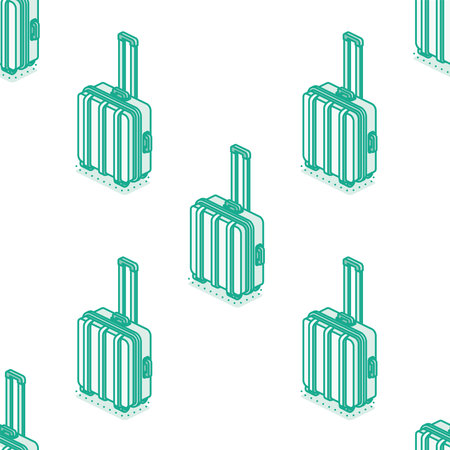 Seamless pattern with small suitcases on wheels isolated on white background. Isometric outline objects. Vector illustration. Luggage. Travel symbol.のイラスト素材