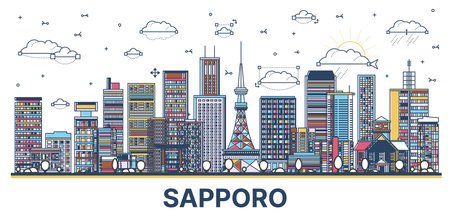 Outline Sapporo Japan city skyline with colored modern and historic buildings isolated on white. Vector illustration. Sapporo cityscape with landmarks.のイラスト素材