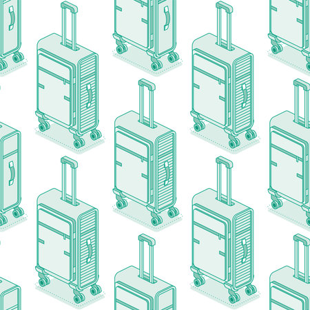 Seamless pattern with suitcases on wheels isolated on white background. Isometric outline objects. Vector illustration. Luggage. Travel symbol.のイラスト素材