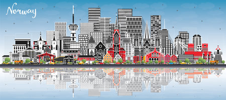 Norway city skyline with gray buildings, blue sky and reflections. Vector illustration. Concept with historic, modern architecture. Norway cityscape with landmarks. Oslo. Stavanger. Trondheim. Bergen.のイラスト素材