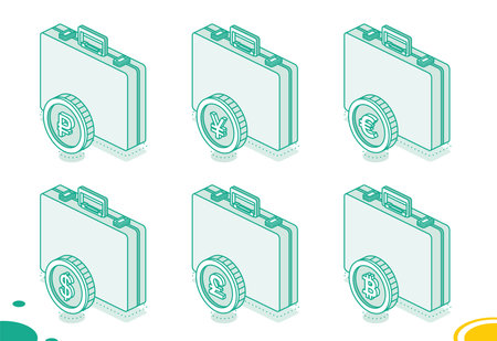 Business briefcase with dollar, euro, pound, ruble, yen and bitcoin coins. Isometric outline concept. Vector illustration. 3d objects.のイラスト素材