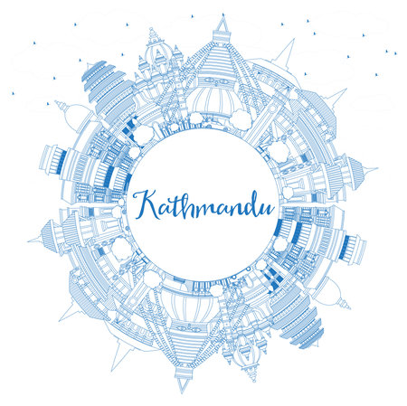 Outline Kathmandu Nepal City Skyline with Blue Buildings and Copy Space. Vector Illustration. Kathmandu Cityscape with Landmarks. Business Travel and Tourism Concept with Historic Architecture.のイラスト素材