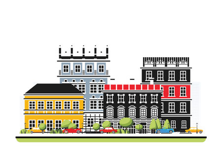City district with old buildings in flat style with trees and cars. Vector illustration. City scene isolated on white background. Urban architecture. Old street european architecture.のイラスト素材