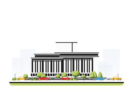 Modern museum building in flat style with trees and cars. Vector illustration. City scene isolated on white background. Urban architecture. Art gallery of contemporary art.のイラスト素材