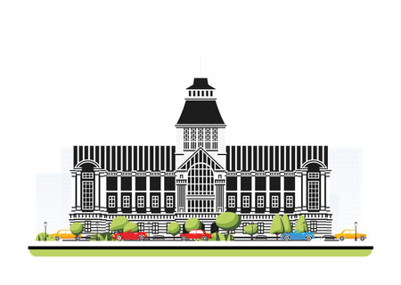 City hall building in flat style with trees and cars. Vector illustration. City scene isolated on white background. Urban architecture.のイラスト素材