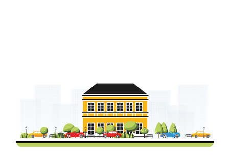 City district with old yellow building in flat style with trees and cars. Vector illustration. City scene isolated on white background. Urban architecture. Old street european architecture.のイラスト素材