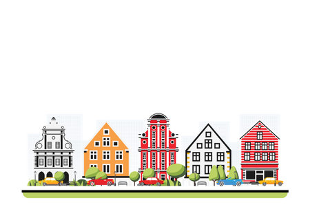 City district with old buildings in flat style with trees and cars. Vector illustration. City scene isolated on white background. Urban architecture. Old street european architecture.のイラスト素材