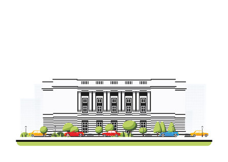 Opera building with columns in flat style with trees and cars. Vector illustration. City scene isolated on white background. Urban architecture. Theater building.のイラスト素材
