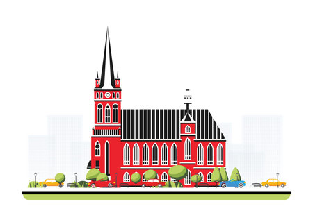 Old red cathedral building in flat style with trees and cars. Vector illustration. City scene isolated on white background. Urban architecture. Medieval church.のイラスト素材
