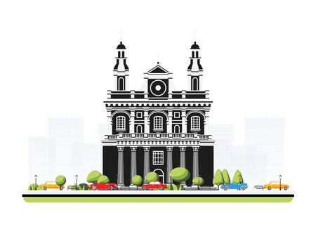 Old cathedral building in flat style with trees and cars. Vector illustration. City scene isolated on white background. Urban architecture. Medieval church.のイラスト素材