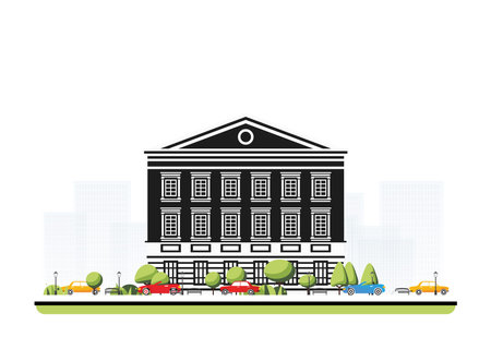 Museum building in flat style with trees and cars. Vector illustration. City scene isolated on white background. Urban architecture. Art gallery of contemporary art.のイラスト素材