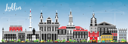 Lublin Poland city skyline with color buildings and blue sky. Vector illustration. Lublin cityscape with landmarks. Business travel and tourism concept with modern and historic architecture.のイラスト素材