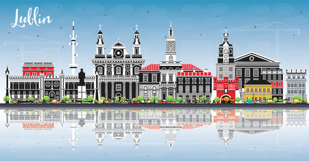 Lublin Poland city skyline with color buildings, blue sky and reflections. Vector illustration. Lublin cityscape with landmarks. Business travel and tourism concept with historic architecture.のイラスト素材