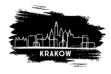Krakow Poland City Skyline Silhouette. Hand Drawn Sketch. Business Travel and Tourism Concept with Modern Architecture. Vector Illustration. Krakow Cityscape with Landmarks.のイラスト素材
