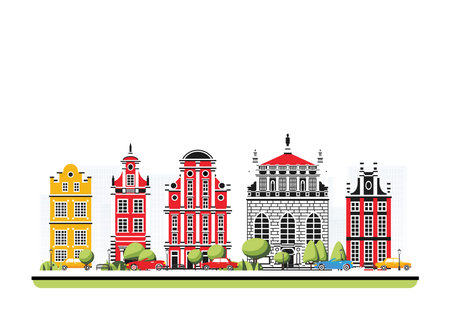 City district with old buildings in flat style with trees and cars. Vector illustration. City scene isolated on white background. Urban architecture. Old street european architecture.のイラスト素材