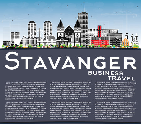 Stavanger Norway city skyline with color buildings, blue sky and copy space. Vector illustration. Stavanger cityscape with landmarks. Business travel and tourism concept with historic architecture.のイラスト素材