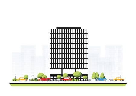 City district with tall modern building in flat style with trees and cars. Vector illustration. City scene isolated on white background. Urban architecture. Old street european architecture.のイラスト素材