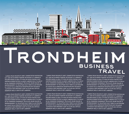 Trondheim Norway City Skyline with Color Buildings, Blue Sky and copy space. Vector Illustration. Trondheim Cityscape with Landmarks. Business Travel and Tourism Concept with Historic Architecture.のイラスト素材