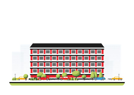 City district with modern building in flat style with trees and cars. Vector illustration. City scene isolated on white background. Urban architecture. Old street european architecture.のイラスト素材