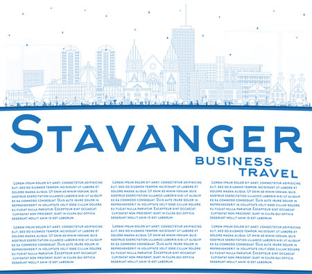 Outline Stavanger Norway city skyline with blue buildings and copy space. Vector illustration. Stavanger cityscape with landmarks. Business travel and tourism concept with historic architecture.のイラスト素材