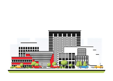 Business city district with skyscraper in flat style with trees. Vector illustration. City scene isolated on white background. Urban architecture. Modern european architecture. Downtown street.のイラスト素材