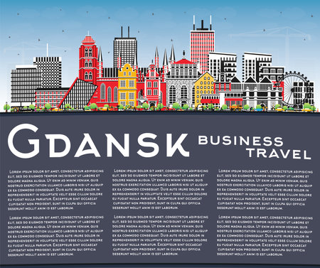 Gdansk Poland city skyline with color buildings, blue sky and copy space. Vector illustration. Gdansk cityscape with landmarks. Business and tourism concept with modern and historic architecture.のイラスト素材