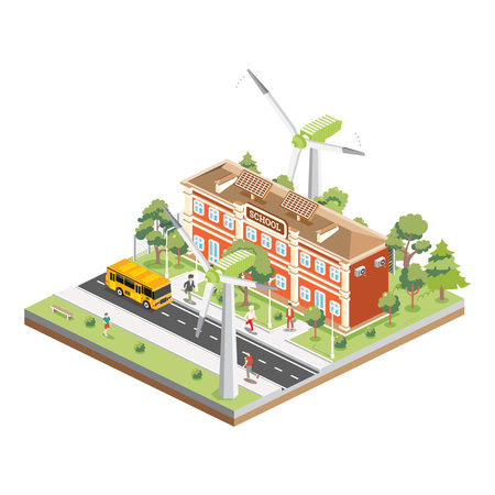 Isometric School Building with Solar Panels and Wind Turbine Isolated on White Background. Vector Illustration. Trees and Road. Man Goes to the School. Ecology Concept. Yellow bus.のイラスト素材