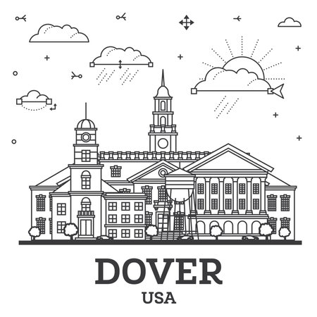 Outline Dover Delaware City Skyline with Modern and Historic Buildings Isolated on White. Vector Illustration. Dover USA Cityscape with Landmarks.のイラスト素材