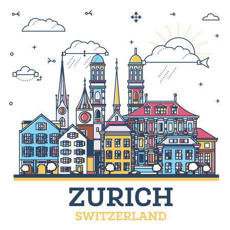 Outline Zurich Switzerland City Skyline with colored Modern and Historic Buildings Isolated on White. Vector Illustration. Zurich Cityscape with Landmarks.のイラスト素材