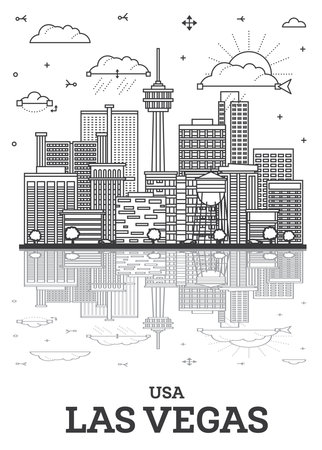 Outline Las Vegas Nevada City Skyline with Modern Buildings and Reflections Isolated on White. Vector Illustration. Las Vegas USA Cityscape with Landmarks.のイラスト素材