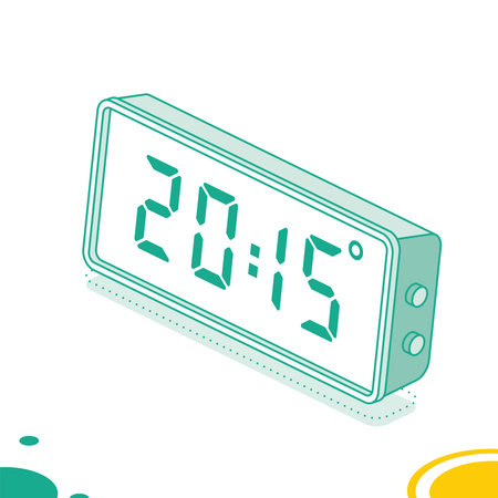 Isometric desktop electronic clock with large LED display. White body. Digital alarm clock icon...