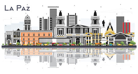 La Paz Bolivia City Skyline with Color Buildings and reflections Isolated on White. Vector Illustration. Travel and Tourism Concept with Historic Architecture. La Paz Cityscape with Landmarks.のイラスト素材