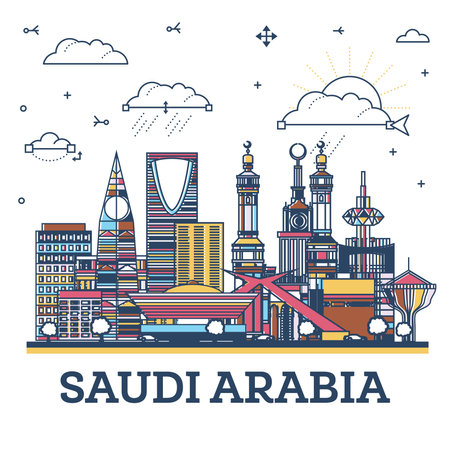 Outline Saudi Arabia City Skyline with colored Historic and Modern Buildings Isolated on White. Vector Illustration. Saudi Arabia Cityscape with Landmarks.のイラスト素材